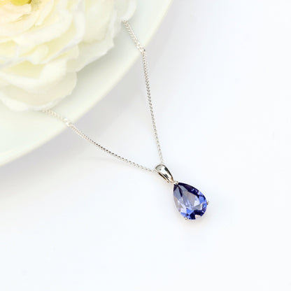10x7mm Cubic Zirconia Tanzanite Teardrop Sterling Silver Pendant Necklace - December Birthstone