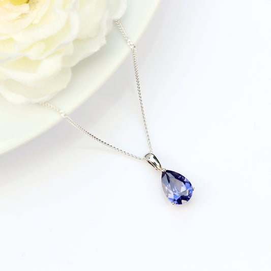 10x7mm Cubic Zirconia Tanzanite Teardrop Sterling Silver Pendant Necklace - December Birthstone