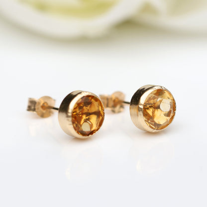 6mm Natural Citrine 9ct Yellow Gold Round Bezel Stud Earrings - November Birthstone