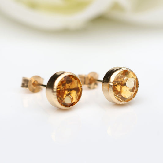 6mm Natural Citrine 9ct Yellow Gold Round Bezel Stud Earrings - November Birthstone
