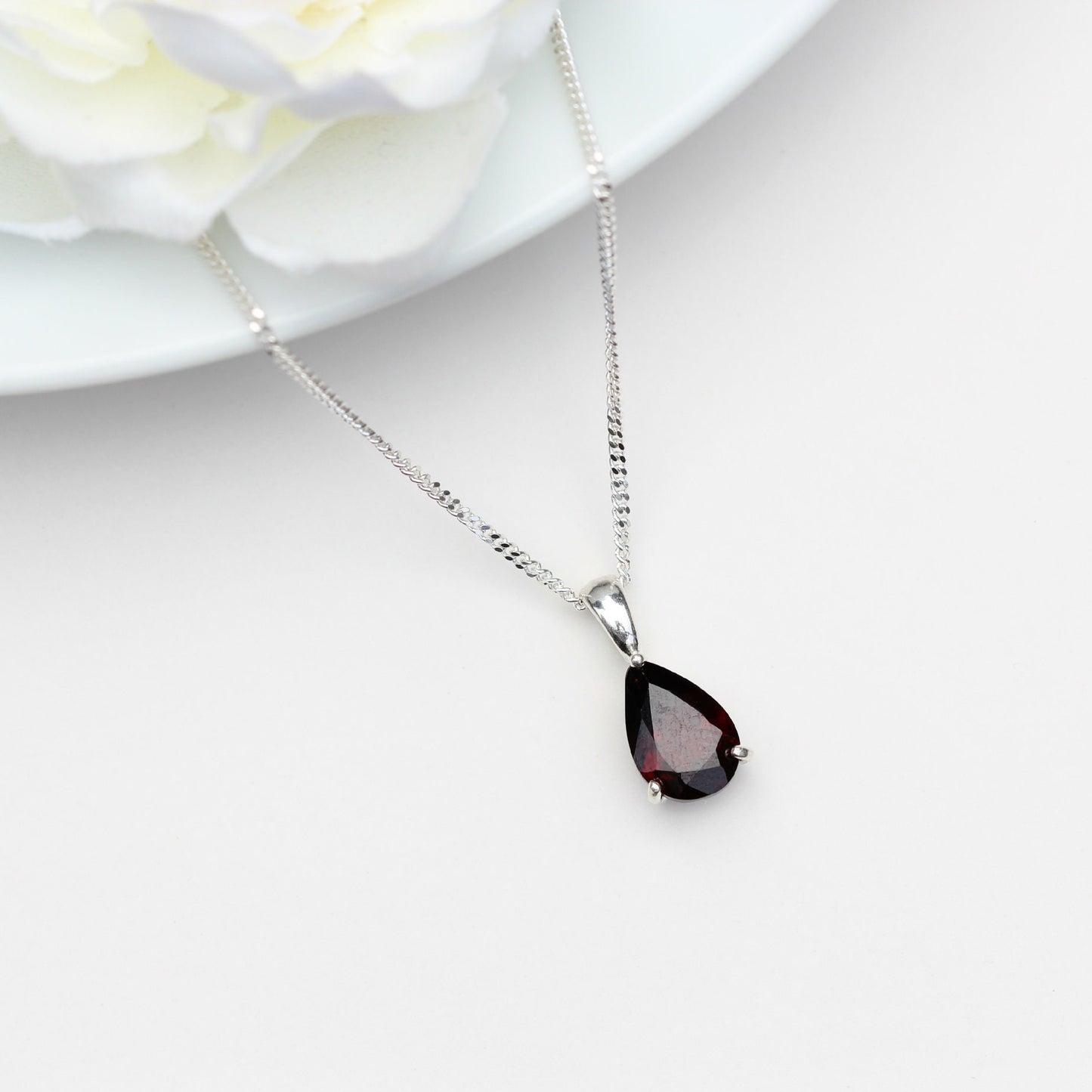 10x7mm Natural Garnet Teardrop Sterling Silver Pendant Necklace - January Birthstone