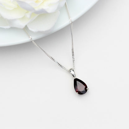 10x7mm Natural Garnet Teardrop Sterling Silver Pendant Necklace - January Birthstone