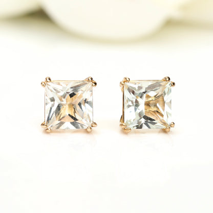 6mm Natural White Topaz 9ct Yellow Gold Square Stud Earrings - April Birthstone