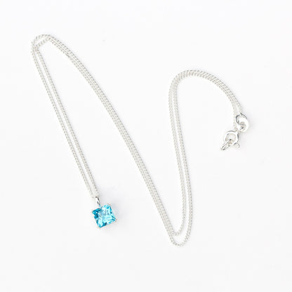 6mm Natural Swiss Blue Topaz 925 Square Sterling Silver Pendant Necklace - December Birthstone