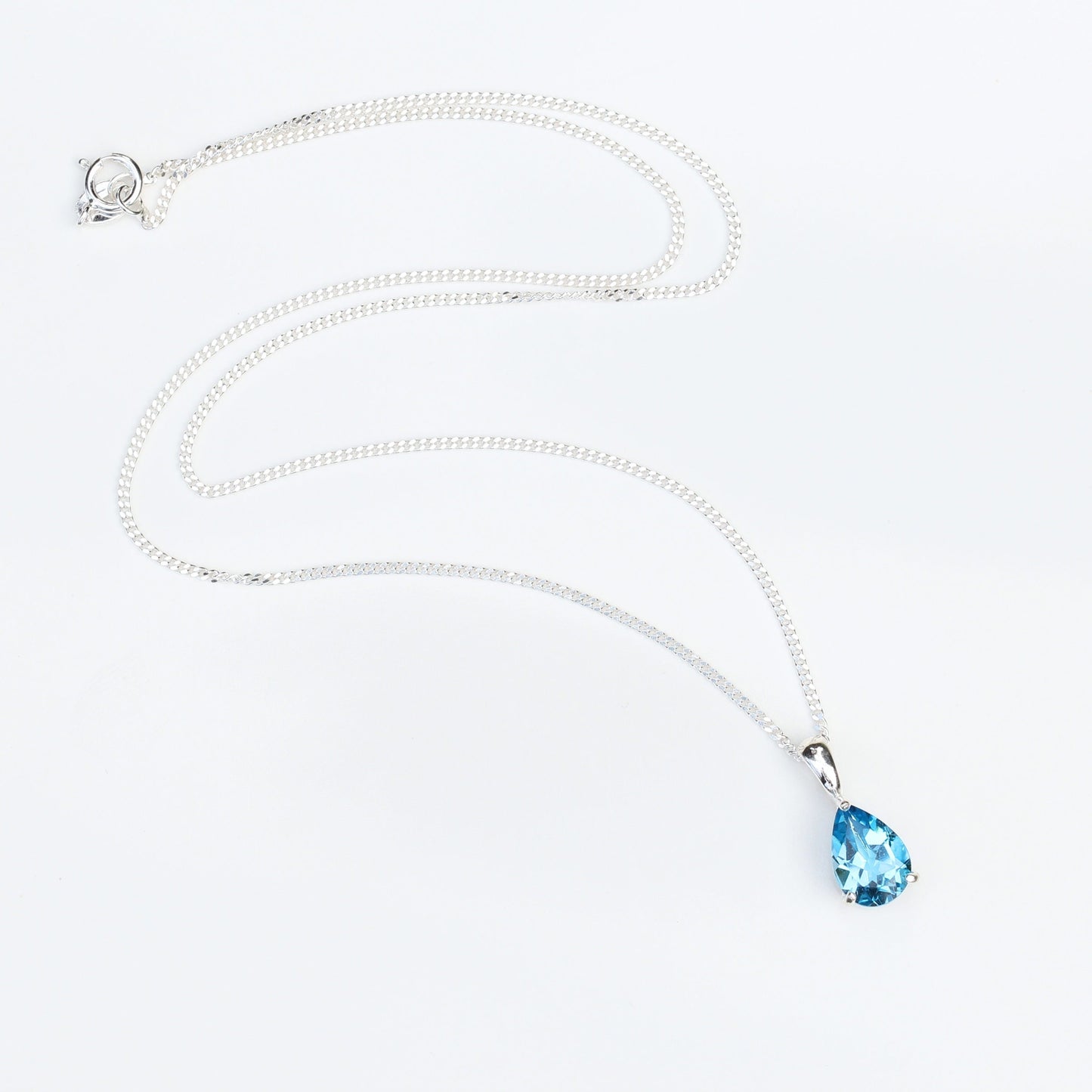 10x7mm Natural Swiss Blue Topaz Teardrop Sterling Silver Pendant Necklace - November Birthstone