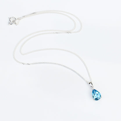 10x7mm Natural Swiss Blue Topaz Teardrop Sterling Silver Pendant Necklace - November Birthstone