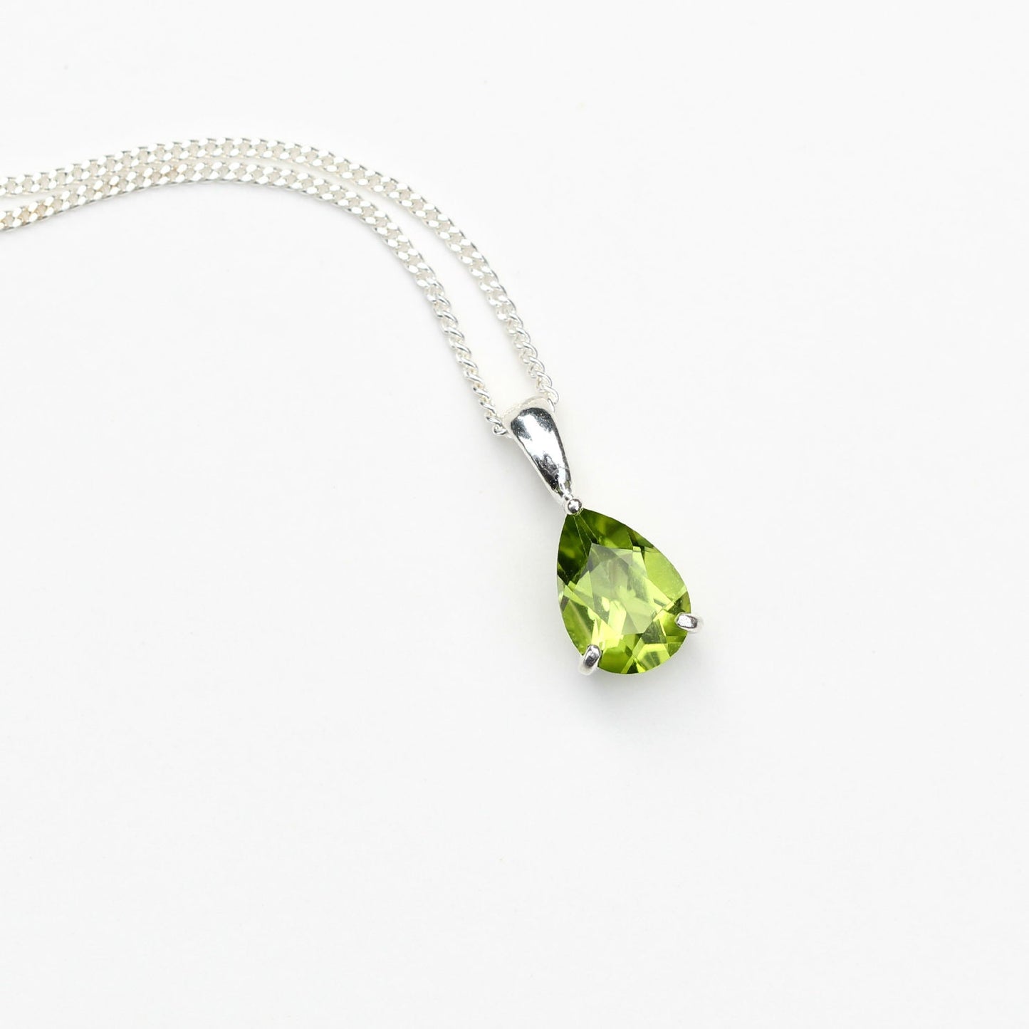 10x7mm Natural Peridot Teardrop Sterling Silver Pendant Necklace - August Birthstone