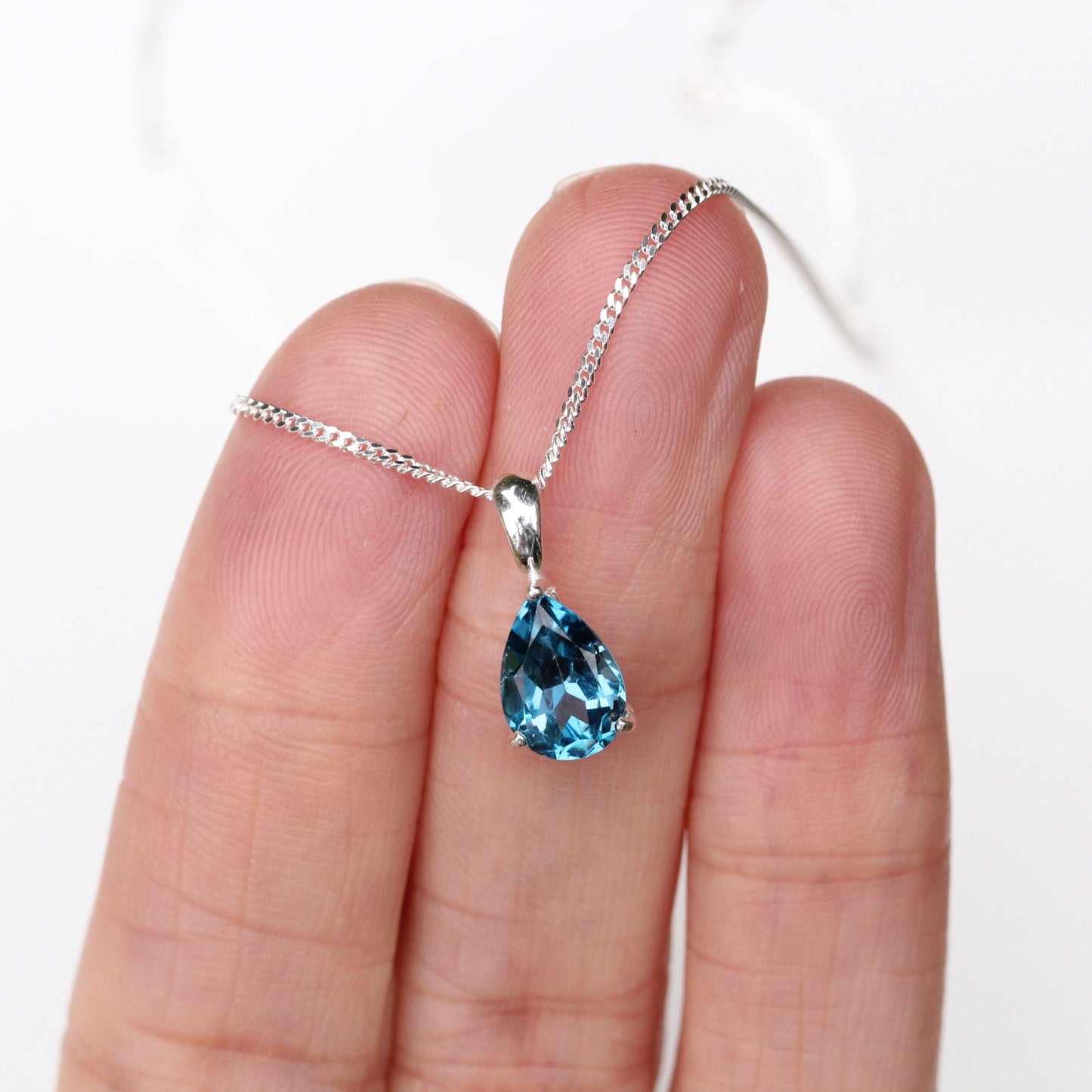 10x7mm Natural London Blue Topaz Teardrop Sterling Silver Pendant Necklace - December Birthstone