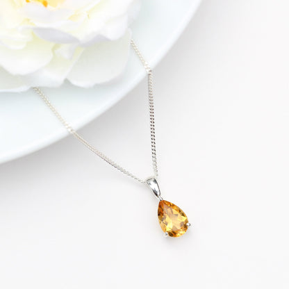 10x7mm Natural Citrine Teardrop Sterling Silver Pendant Necklace - November Birthstone