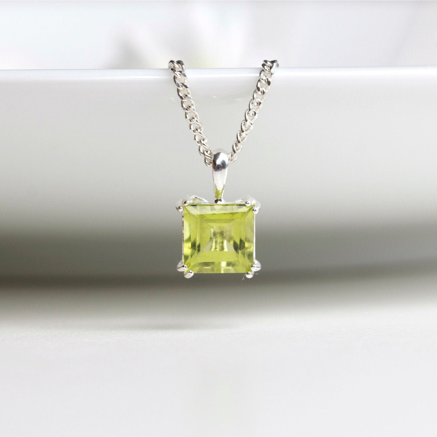 6mm Natural Peridot Square 925 Sterling Silver Pendant Necklace - August Birthstone