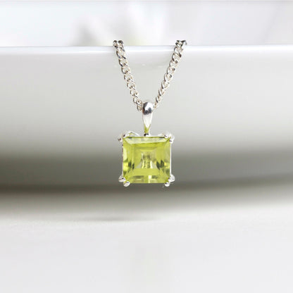6mm Natural Peridot Square 925 Sterling Silver Pendant Necklace - August Birthstone