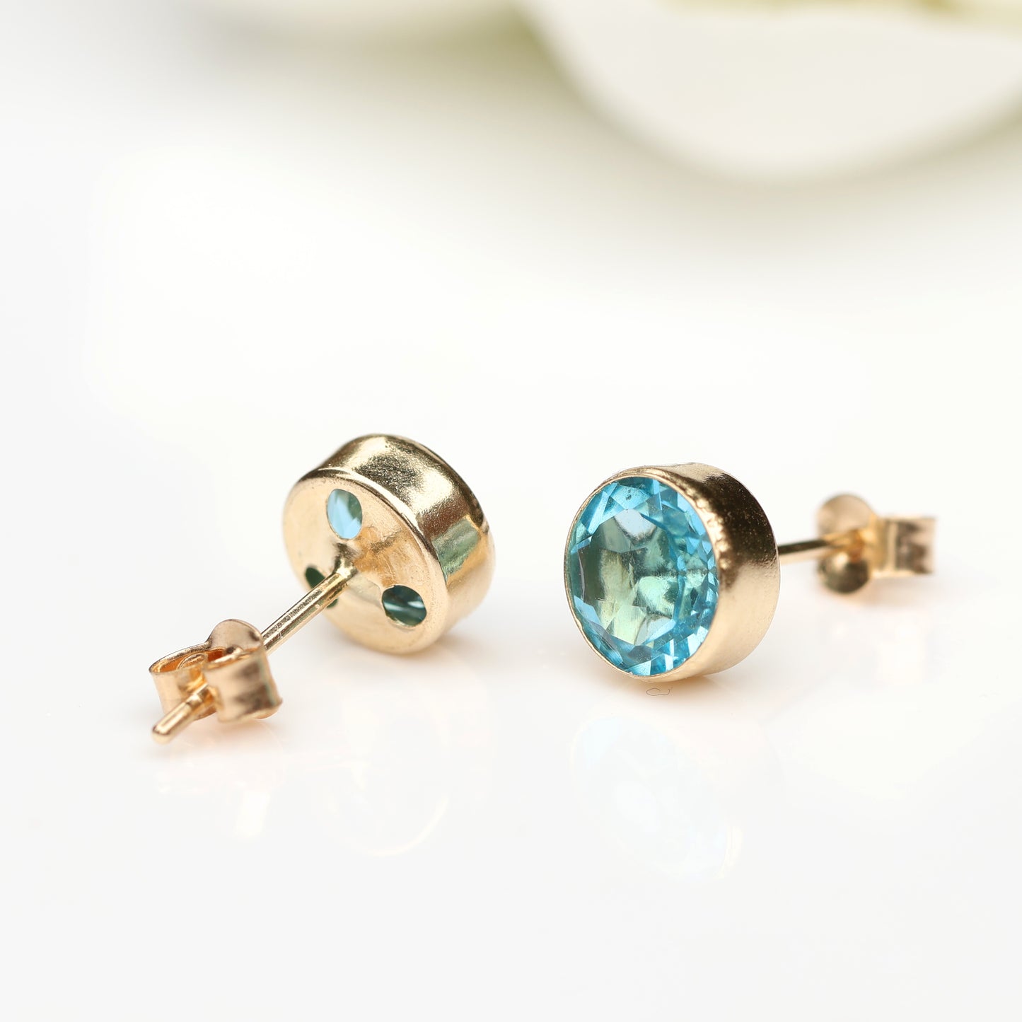 6mm Natural Swiss Blue Topaz 9ct Yellow Gold Round Bezel Stud Earrings - December Birthstone