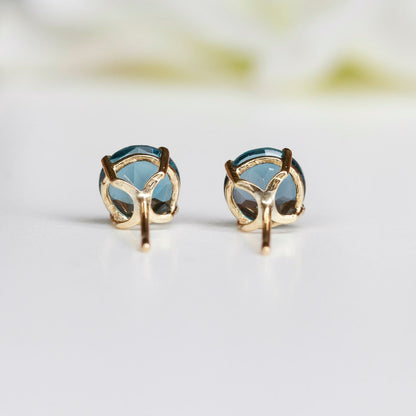 6mm Round Natural London Blue Topaz 9ct Yellow Gold Stud Earrings - December Birthstone