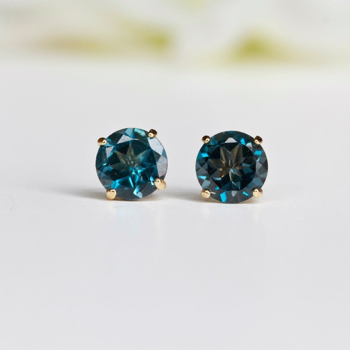 6mm Round Natural London Blue Topaz 9ct Yellow Gold Stud Earrings - December Birthstone