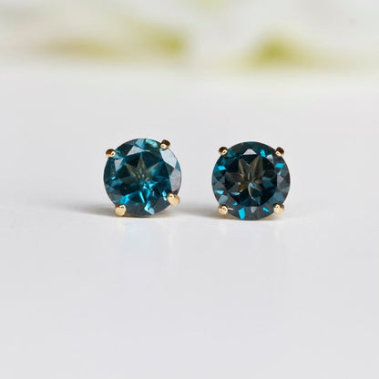 6mm Round Natural London Blue Topaz 9ct Yellow Gold Stud Earrings - December Birthstone