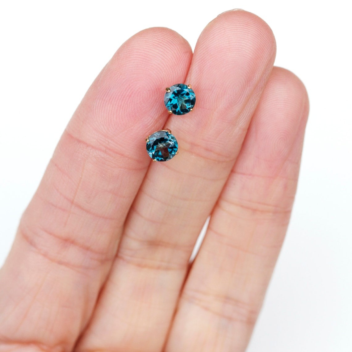 6mm Round Natural London Blue Topaz 9ct Yellow Gold Stud Earrings - December Birthstone