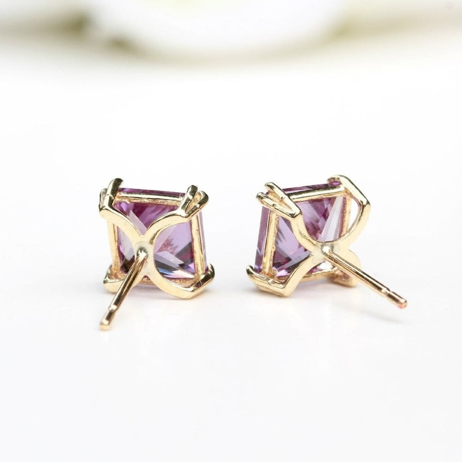 6mm Square Lab-Grown Alexandrite 9ct Yellow Gold Stud Earrings - June Birthstone