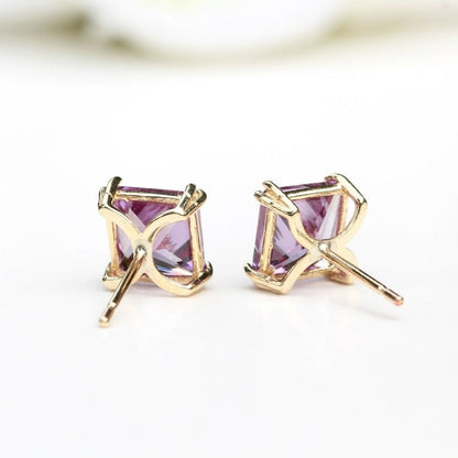 6mm Square Lab-Grown Alexandrite 9ct Yellow Gold Stud Earrings - June Birthstone