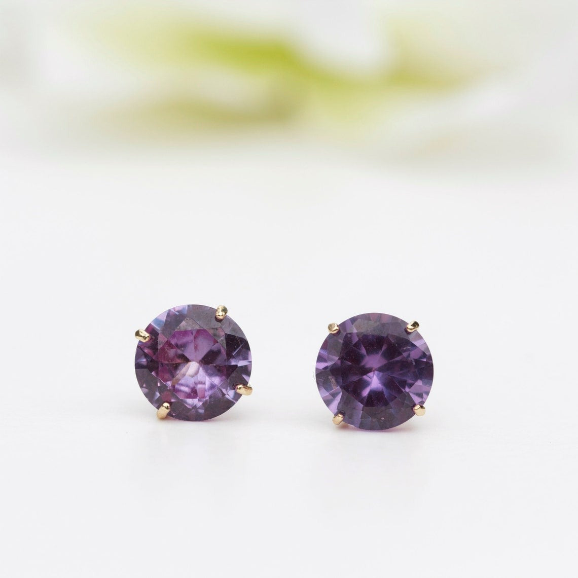 6mm Round Lab-Grown Alexandrite 9ct Yellow Gold Stud Earrings - June Birthstone