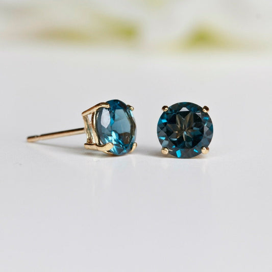 6mm Round Natural London Blue Topaz 9ct Yellow Gold Stud Earrings - December Birthstone