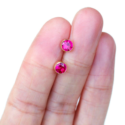 6mm Ruby 9ct Yellow Gold Round Bezel Stud Earrings - July Birthstone