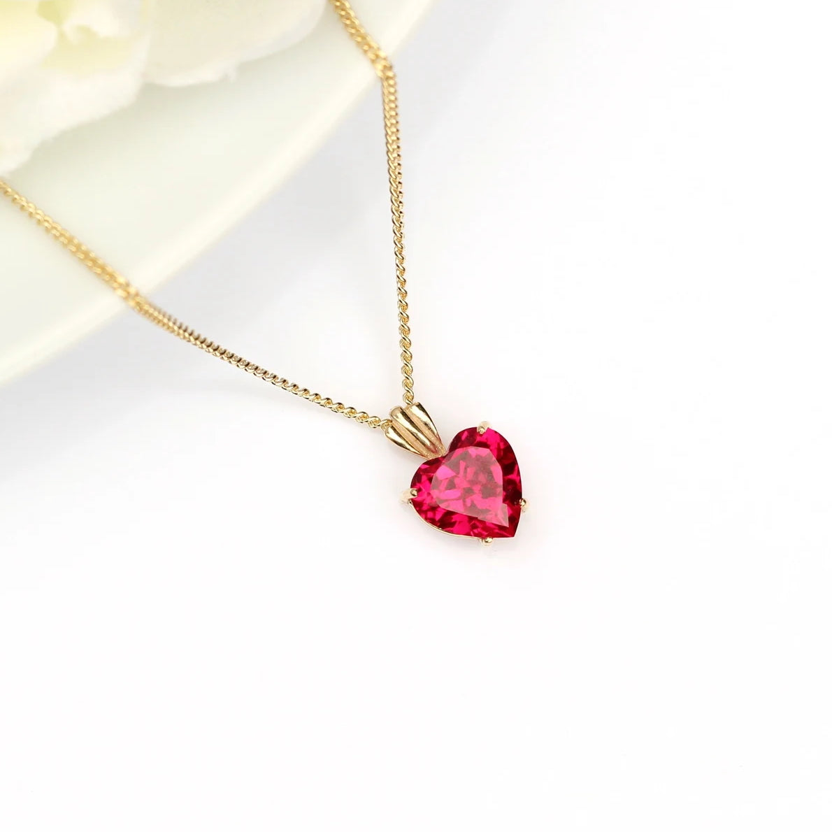Small 8x8mm Lab Grown Ruby Heart 9ct Yellow Gold Pendant Necklace - July Birthstone