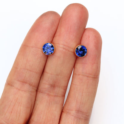 9-Carat Yellow Gold Blue Sapphire Stud Earrings 6mm Round Bezel-Set - September Birthstone