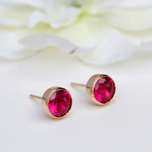 6mm Ruby 9ct Yellow Gold Round Bezel Stud Earrings - July Birthstone