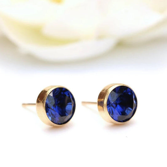 9-Carat Yellow Gold Blue Sapphire Stud Earrings 6mm Round Bezel-Set - September Birthstone