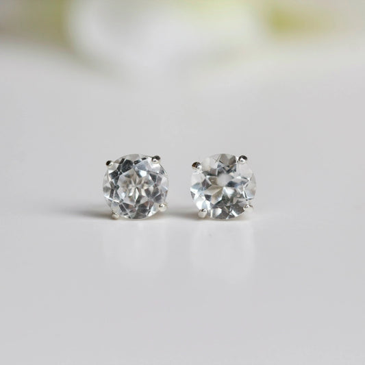 6mm Natural White Topaz Sterling Silver Round Stud Earrings - April Birthstone