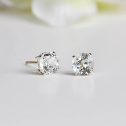 6mm Natural White Topaz Sterling Silver Round Stud Earrings - April Birthstone