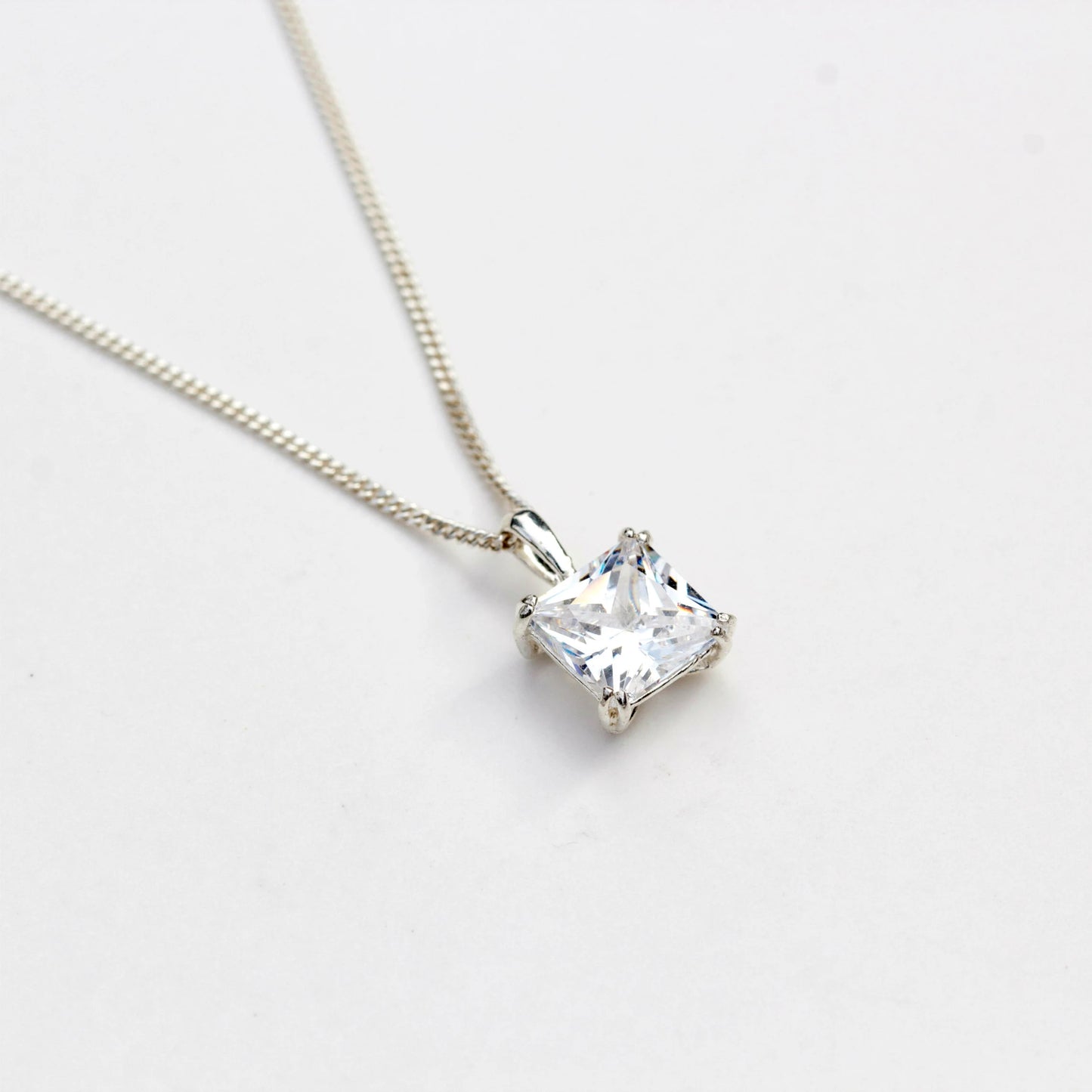 6mm Natural White Topaz Square 925 Sterling Silver Pendant Necklace - April Birthstone