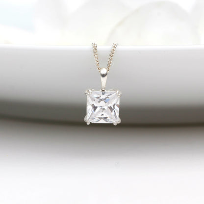 6mm Natural White Topaz Square 925 Sterling Silver Pendant Necklace - April Birthstone