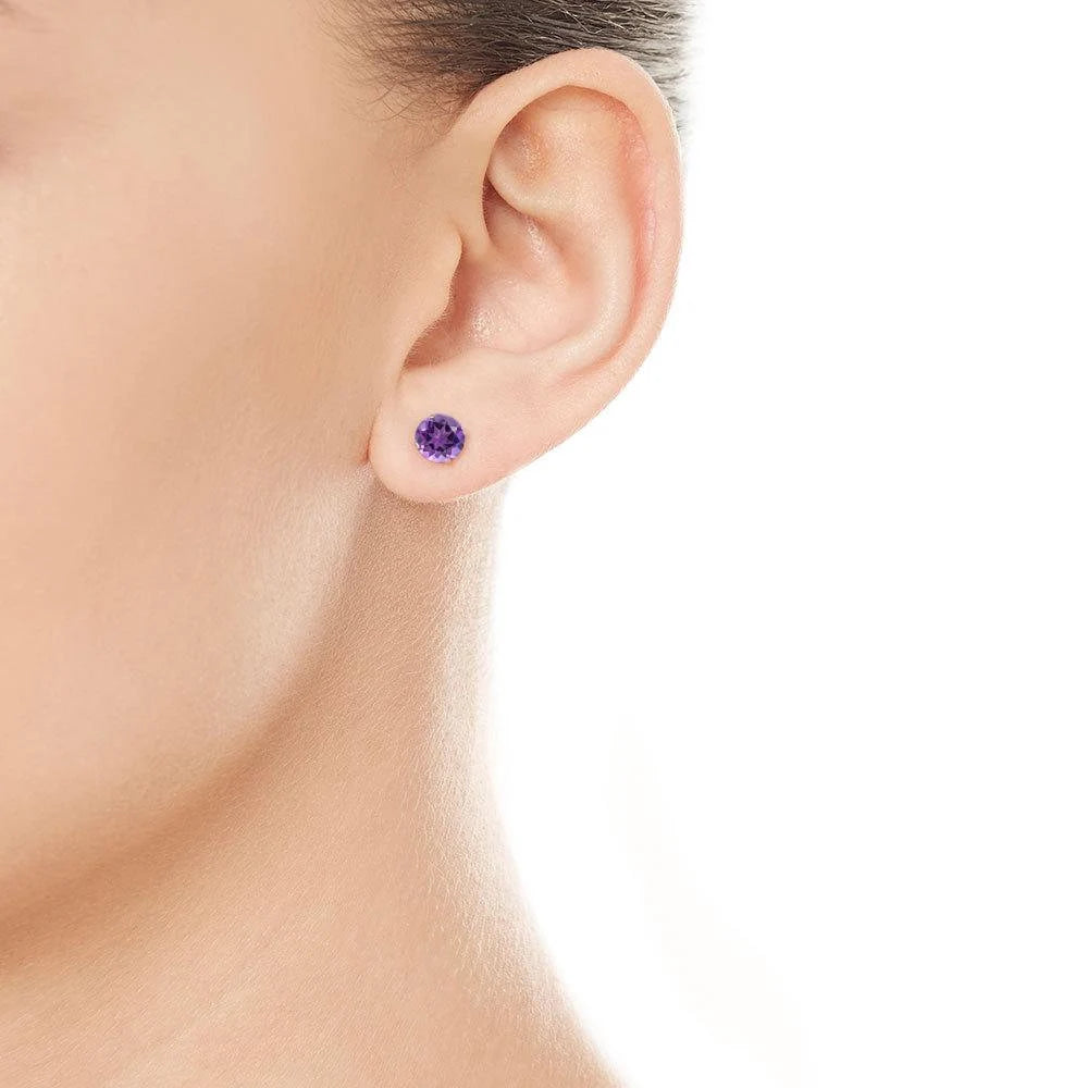 6mm Natural Amethyst Sterling Silver Round Stud Earrings - February Birthstone