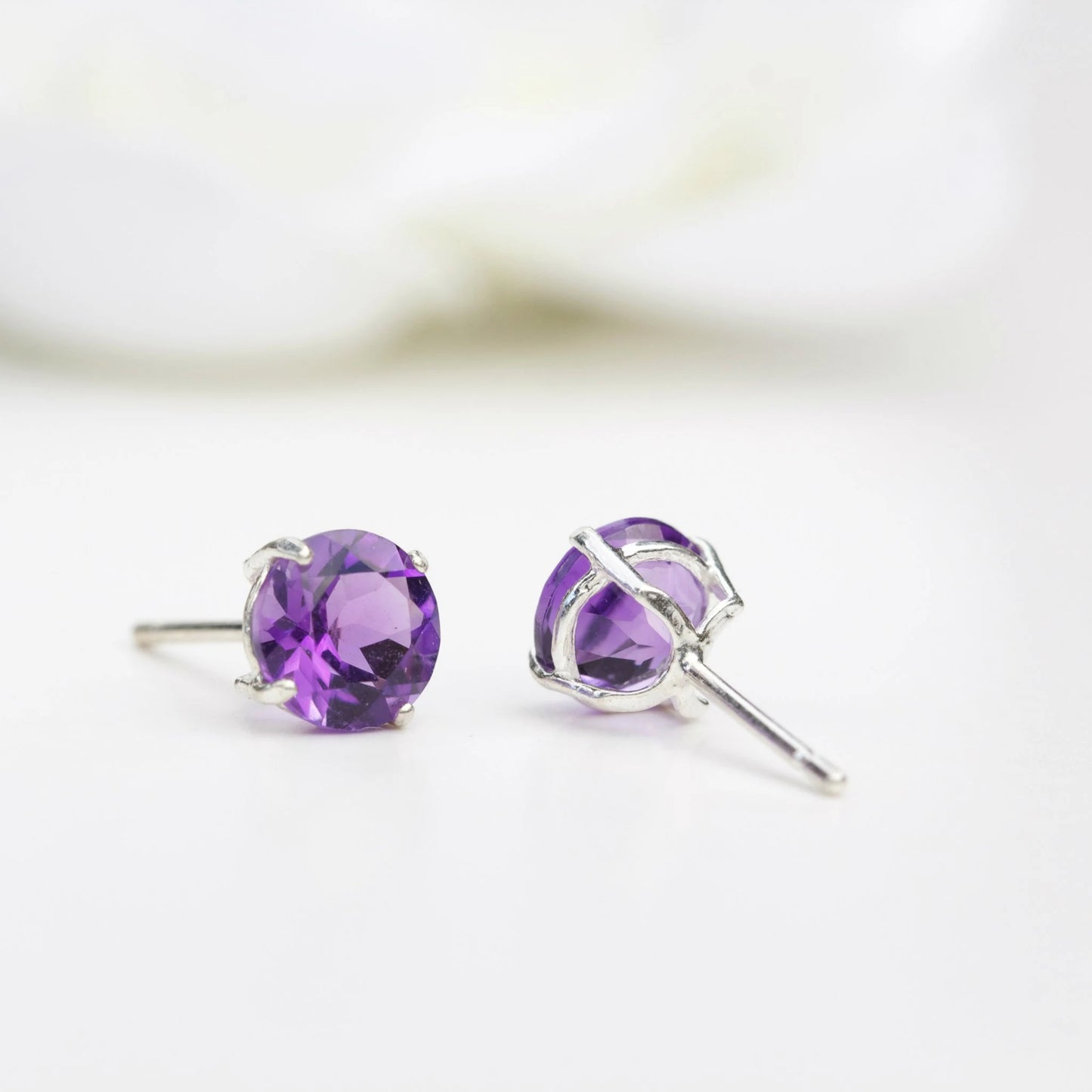 6mm Natural Amethyst Sterling Silver Round Stud Earrings - February Birthstone