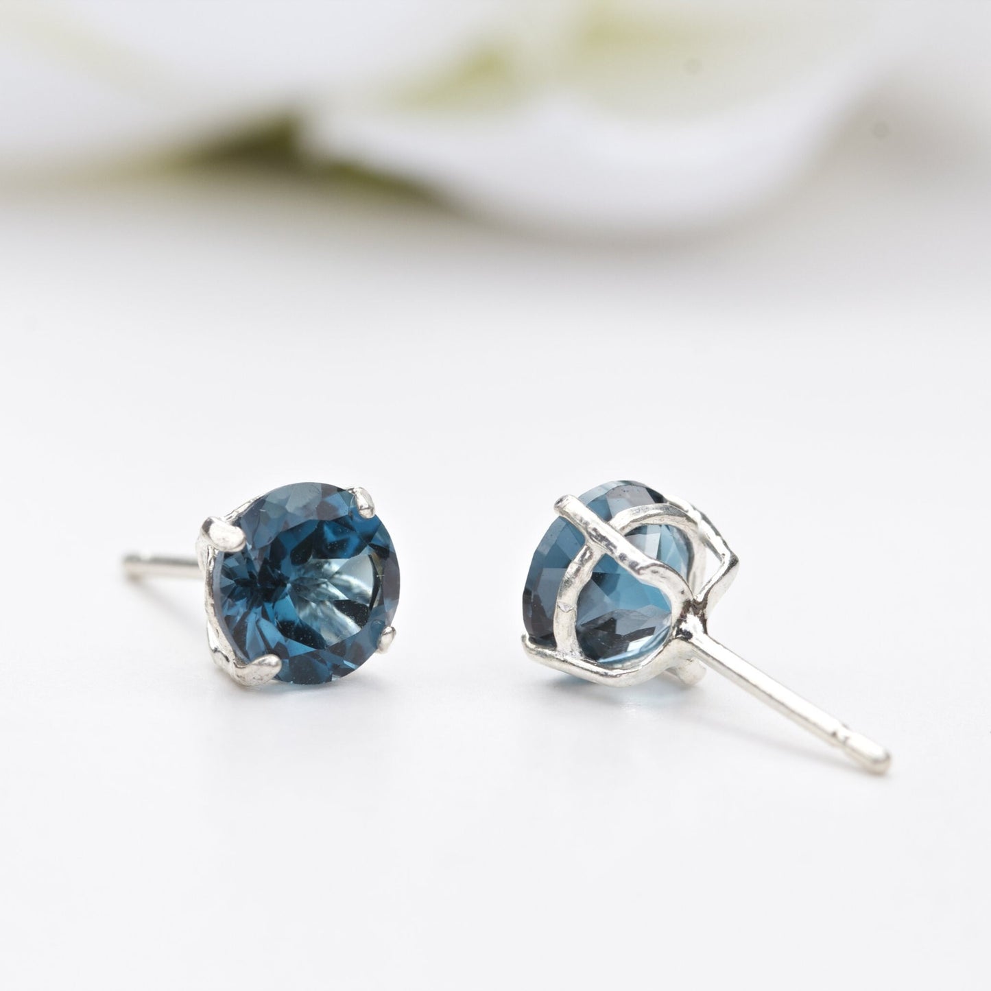 6mm Round Natural London Blue Topaz Sterling Silver Stud Earrings - December Birthstone