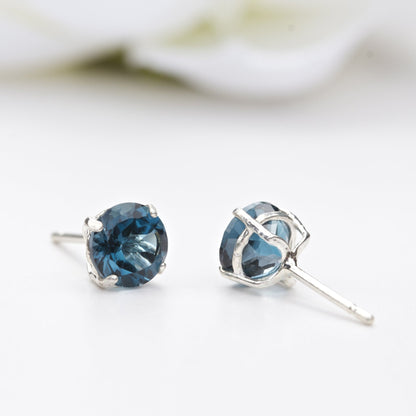 6mm Round Natural London Blue Topaz Sterling Silver Stud Earrings - December Birthstone