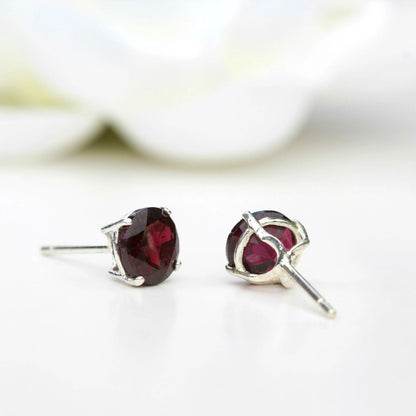6mm Natural Garnet Sterling Silver Round Stud Earrings - January Birthstone
