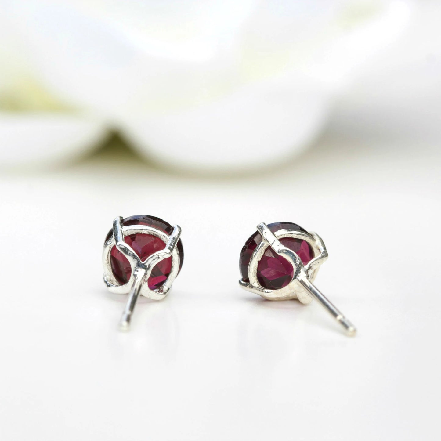 6mm Natural Garnet Sterling Silver Round Stud Earrings - January Birthstone