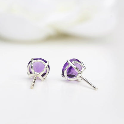 6mm Natural Amethyst Sterling Silver Round Stud Earrings - February Birthstone