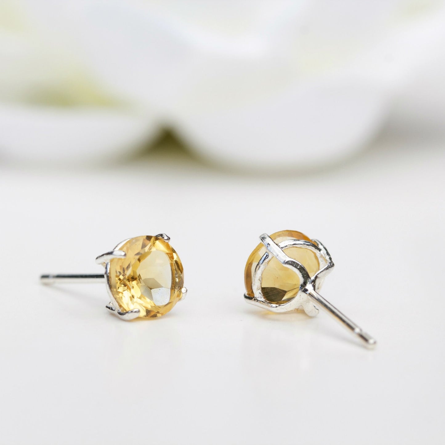 6mm Natural Citrine Sterling Silver Round Stud Earrings - November Birthstone