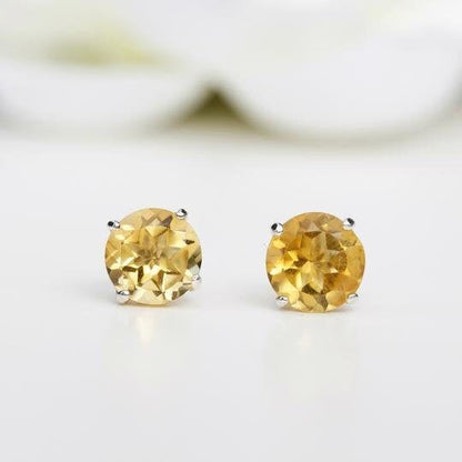 6mm Natural Citrine Sterling Silver Round Stud Earrings - November Birthstone