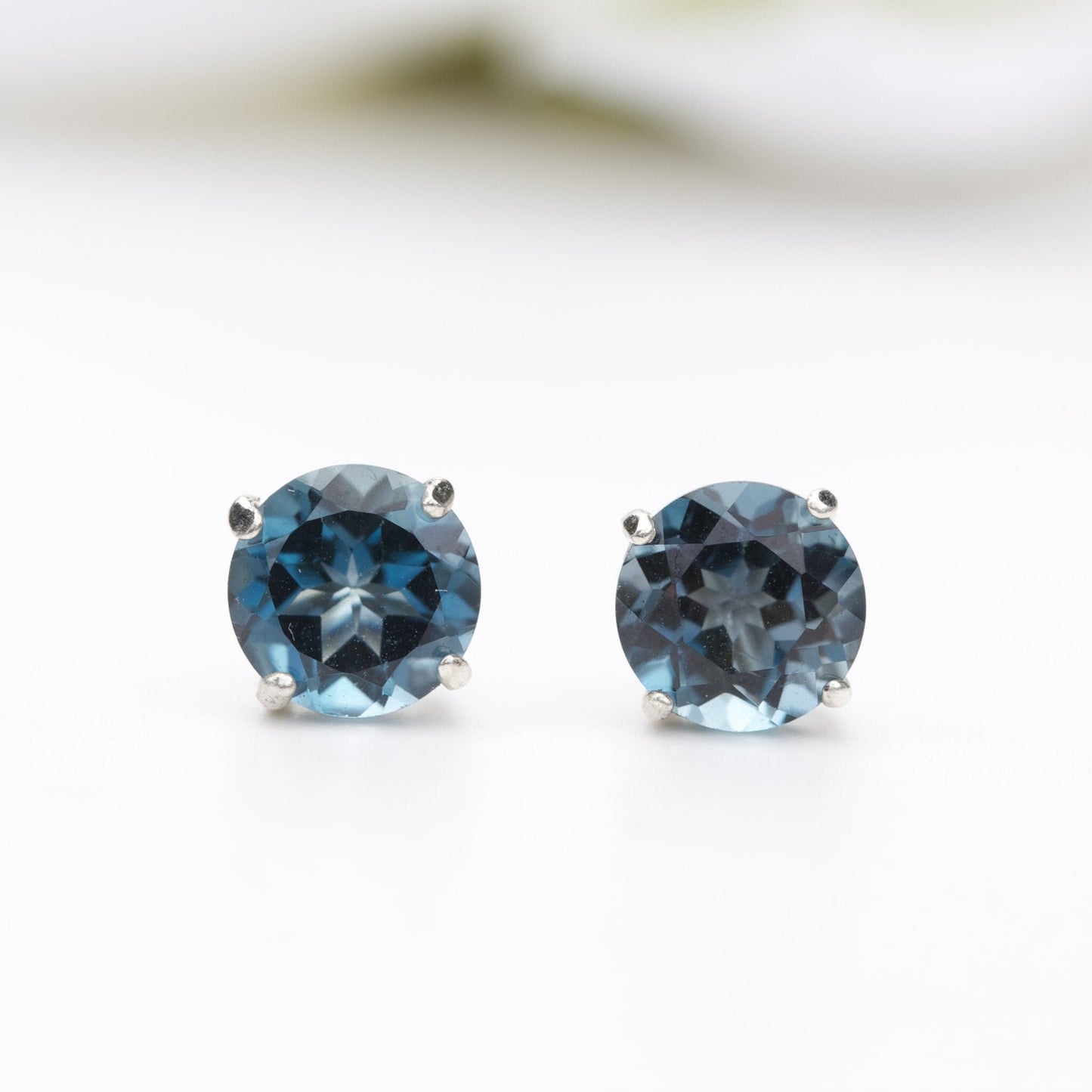 6mm Round Natural London Blue Topaz Sterling Silver Stud Earrings - December Birthstone