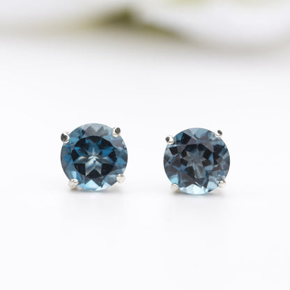 6mm Round Natural London Blue Topaz Sterling Silver Stud Earrings - December Birthstone