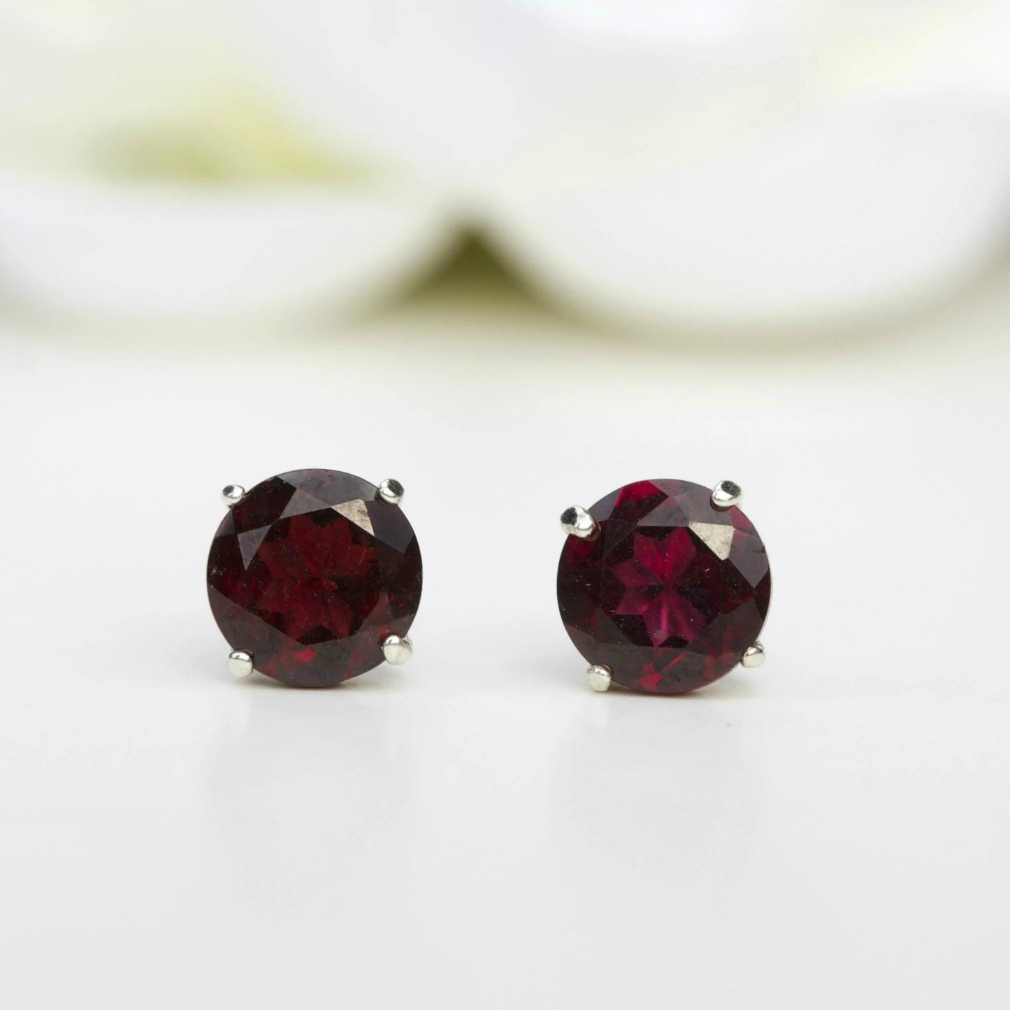 6mm Natural Garnet Sterling Silver Round Stud Earrings - January Birthstone