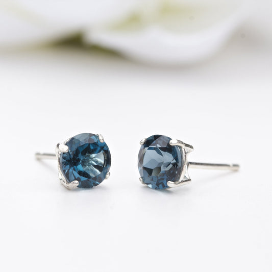 6mm Round Natural London Blue Topaz Sterling Silver Stud Earrings - December Birthstone
