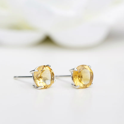 6mm Natural Citrine Sterling Silver Round Stud Earrings - November Birthstone