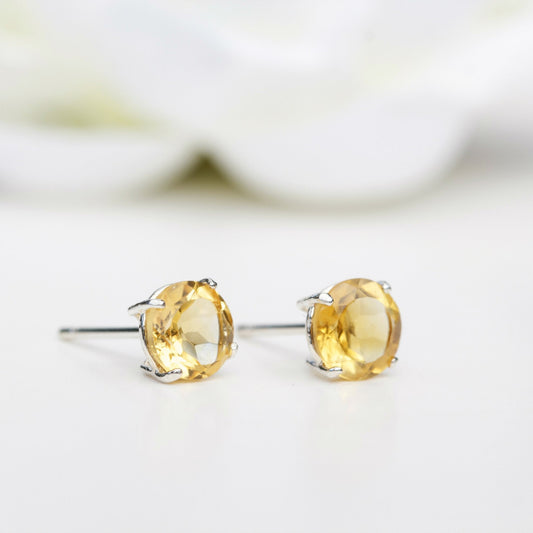 6mm Natural Citrine Sterling Silver Round Stud Earrings - November Birthstone