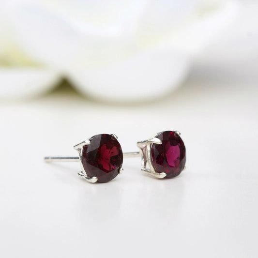6mm Natural Garnet Sterling Silver Round Stud Earrings - January Birthstone