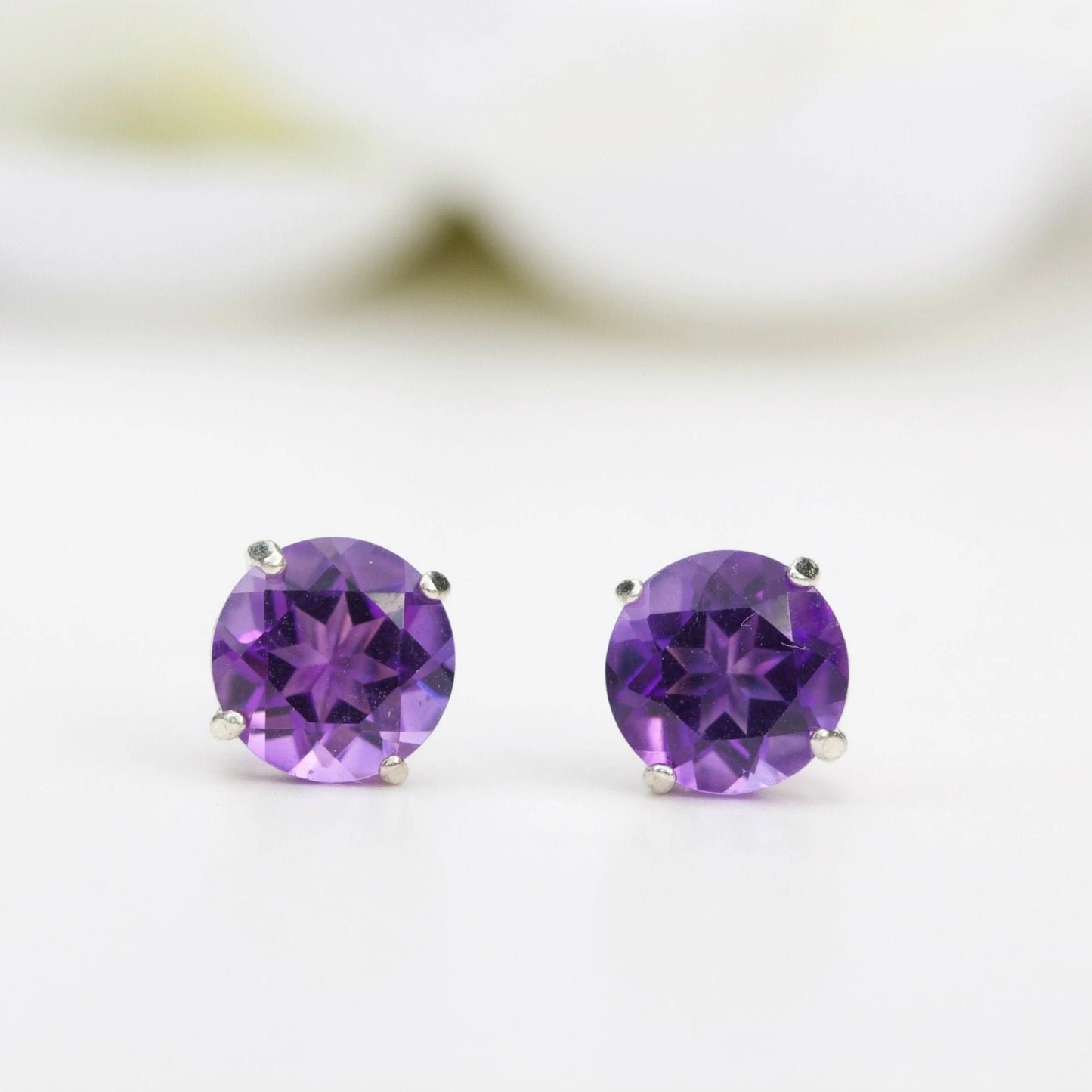 6mm Natural Amethyst Sterling Silver Round Stud Earrings - February Birthstone